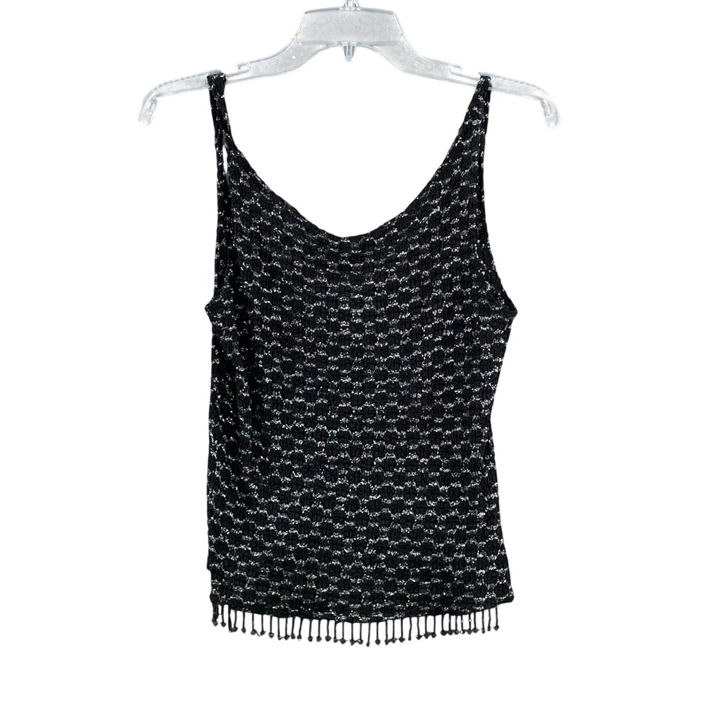 Finesse Vintage Tank Top Womens Medium Black Silver Metallic Beaded‎ Fringe
